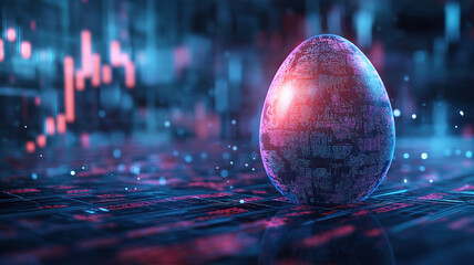 Wall Mural - cyber holiday design featuring a futuristic easter egg with data charts and cryptocurrency tech elem