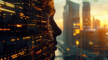 A striking digital art piece showing an ai face silhouette overlaid on a cityscape backdrop.