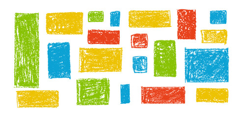 Wall Mural - kid doodle of rough rectangular shapes with blue, red and green pastel wax texture, resembling chalk