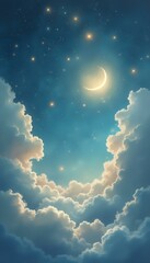 Wall Mural - dreamy night sky with crescent moon, sparkling stars, and fluffy clouds creating a peaceful and magi
