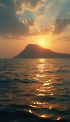 Poster - Golden Sunlight Reflections on Ocean Waves with Mountain Silhouette Backdrop at Dusk