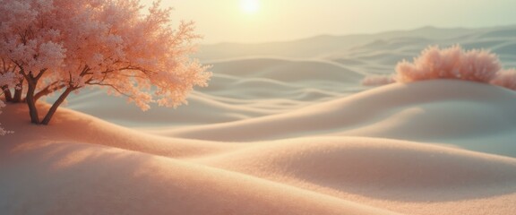Leinwandbilder - Ethereal Dreamscape: Pastel Desert Dunes with Blossoming Tree and Distant Hill