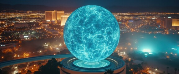 Leinwandbilder - A Giant Orb of Electric Energy Overlooks a Futuristic Cityscape at Night, Illuminating the Urban Landscape