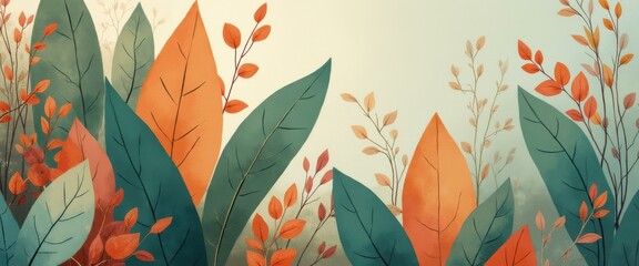 Aufkleber - Abstract nature foliage background art with green and orange leaves painting for wall art design