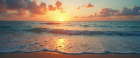 Poster - Tranquil beach scene at sunset with warm light reflecting on the water and soft waves lapping the sandy shore.