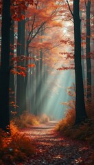 Poster - Majestic Autumnal Forest Path Illuminated by Radiant Sunbeams