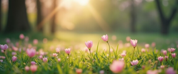 Poster - Dreamy sunlit meadow with blooming pink wildflowers and serene woodland backdrop for enchanting natural beauty themes