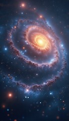 Poster - Vivid depiction of a spiral galaxy featuring radiant arms extending from a bright core amidst a star-studded celestial background