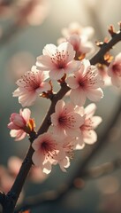 Poster - Blossoming Cherry Tree Branch Displaying Delicate Pink Flowers in Spring Sunlight
