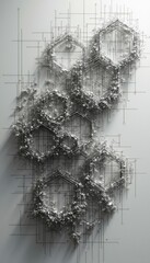 Fototapete - Complex Network: Abstract Hexagon Structure with Intricate Lines and Texture on a Clean, Minimalist Background