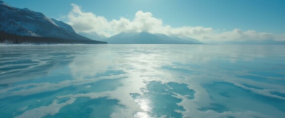 Poster - Frozen lake with snow patterns reflects winter sunlight with mountains and clouds in the background