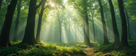 Aufkleber - Enchanting Forest Path Bathed in Golden Sunlight with Lush Green Trees and Mist Creating a Mystical Atmosphere