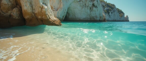 Poster - Serene beach scene featuring turquoise water, a sandy shore, and dramatic limestone cliffs with a natural cave.