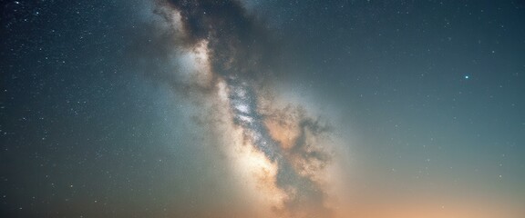 Poster - Captivating Milky Way with Celestial Cloud Formations Shimmers Above a Radiant Horizon at Dusk