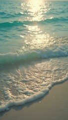 Poster - Gentle Wave Rolls onto the Sandy Shoreline in the Warm Evening Light