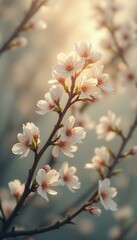 Poster - Blossoming Beauty: A Delicate Cherry Blossom Branch Bathed in Gentle Sunlight