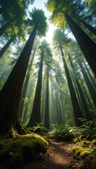 Aufkleber - Sunlight Filters Through Towering Evergreen Trees in a Lush, Mossy Forest, Creating a Serene Woodland Scene