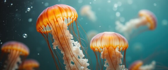 Leinwandbilder - Jellyfish float gracefully in an oceanic environment, illuminated by soft lighting.