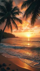 Poster - Tropical beach sunset with palm trees and ocean waves creating a serene scene