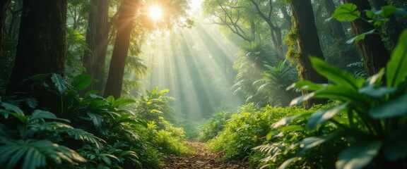 Poster - Sunlit Path Through a Lush Forest: Vibrant Greenery, Mystical Atmosphere, Natural Beauty