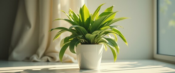 Poster - Indoor peace lily plant casting shadows in white pot next to window with natural light and curtain