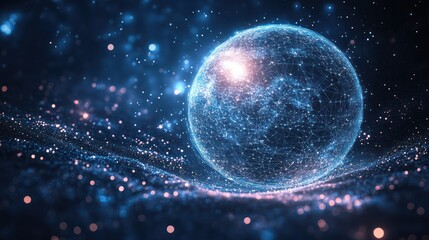 Global network sphere glowing over digital wave, futuristic background, tech concept