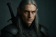 © Aleksandra - Serious elf warrior with long silver hair and sword in dark armor portrait