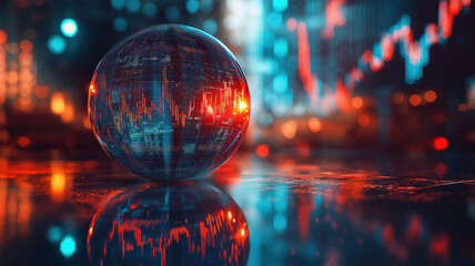 Wall Mural - crystal ball with stock market graph reflection and glowing red-blue bokeh lights evoking financial