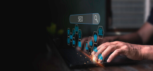 Businessman Search On Virtual Screen Data Search Technology Search Engine Optimization, Using web Console for data, SEO, Marketing planning.