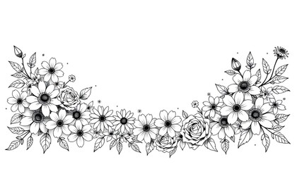  A black  and  white floral border with various flowers and leaves, forming a semi  circular frame. 