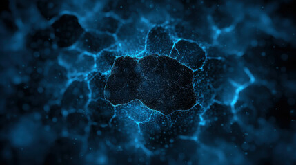 Wall Mural - blue abstract background with glowing particles and organic shapes in dark setting