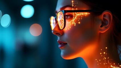 Futuristic woman with glasses ai tech digital interface neural network