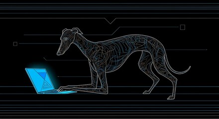Dog laptop computer technology coding programming software digital animal pet canine screen neon lines 99