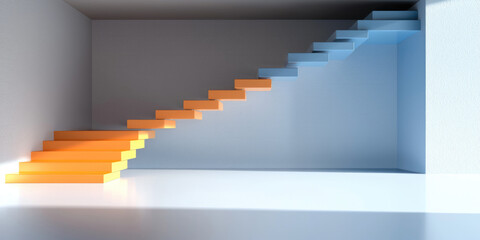 Poster - Modern interior with orange and blue floating staircase, minimal design, empty room, bright light, creative architecture