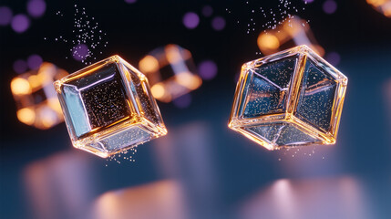 Poster - Glass cube transparent floating glowing abstract futuristic digital art 3D render magical