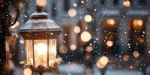 Aufkleber - Snow, winter, street, lamp, glowing, festive, night create magical winter scene with glowing street lamp and falling snowflakes