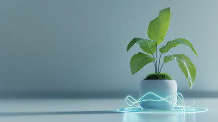Poster - Modern plant in white pot with glowing abstract lines, minimal background, futuristic and calm atmosphere