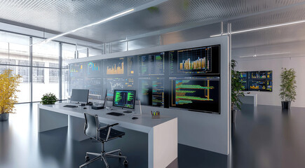 Poster - Modern control room with large digital screens, computer workstation, glass walls, and indoor plants, futuristic atmosphere
