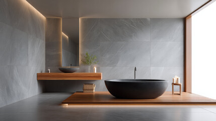 Poster - Contemporary minimalist bathroom with gray marble wall, freestanding black bathtub, wooden accents, and soft ambient lighting