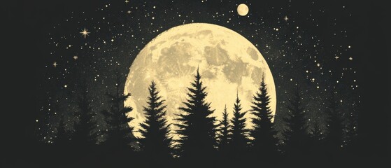 Wall Mural - full moon rising over forest at night with stars and planets in the sky artistic illustration