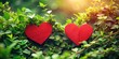 © Kitiphong - A pair of intertwined red paper hearts nestled among lush greenery with delicate vines and flowers, creating a whimsical and romantic atmosphere, fantasy, red paper heart