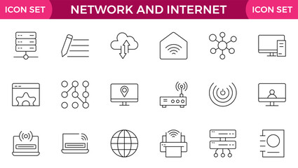 Wall Mural - Network and Internet outline icons. linear icon collection for online, computer, network, website, server, web design, hardware, software, and programming. Solid icons illustration collection.