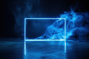 Wall Mural - abstract neon frame with blue smoke on dark background studio shot for futuristic concept and modern