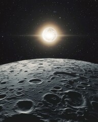 Wall Mural - moon surface with craters and bright star in dark starry sky above in space exploration concept