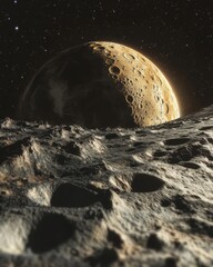 Wall Mural - moon surface close up with craters and distant planet rising in starry sky space exploration concept