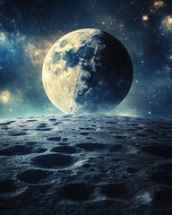 Wall Mural - dramatic close up of moon surface with craters and stars in sky above in space exploration concept
