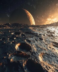 Wall Mural - lunar surface with craters and rising planet in the background; low angle shot on a desolate landsca