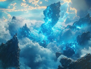 Wall Mural - ethereal mountain range floating above clouds with glowing blue energy in a fantasy landscape aerial