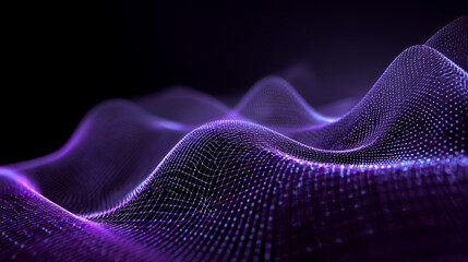 Abstract gradient particle waves seamlessly flowing with soft purple light and bokeh. Orange and blue digital waves. Technology, engineering, science, and artificial intelligence background