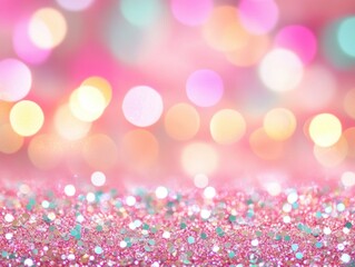 Wall Mural - pink glitter surface with bokeh lights background, close-up, festive, glamorous, dreamy, soft focus,